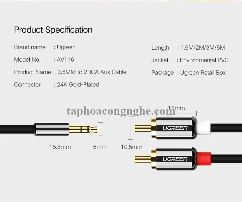 Ugreen 20779 0.5M màu Đen Cáp âm thanh 2 đầu Bông sen sang 3.5mm Dương mạ vàng AV116 30020779